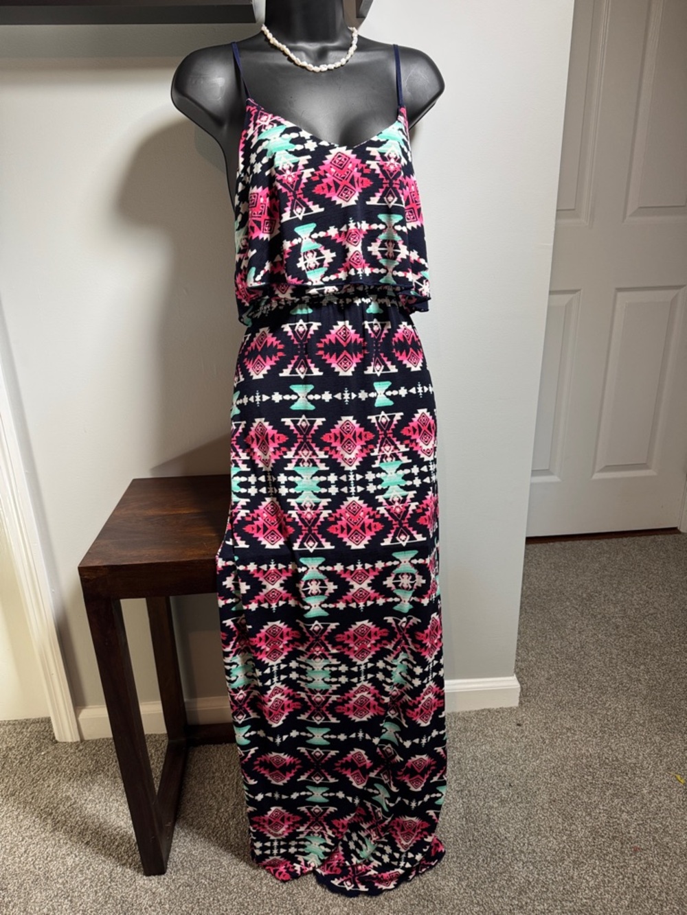 Three Pink Hearts Black Maxi Dress with Pink & Mint Tribal Print